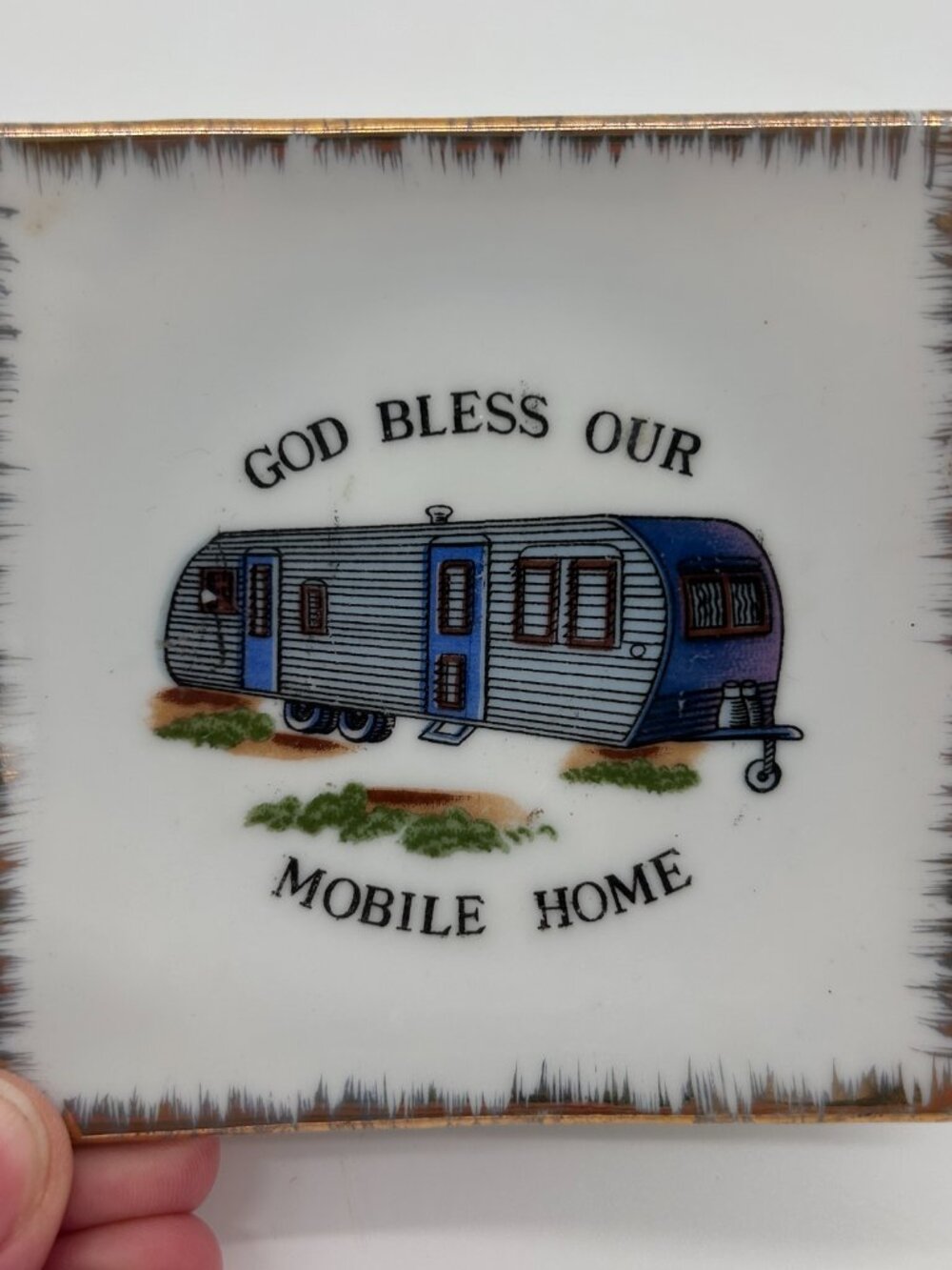 Vintage MCM  "God Bless Our Mobile Home"  Ceramic Plate Trailer Florida 4” Japan